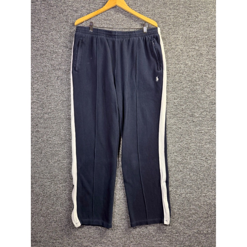 Polo Ralph Lauren Mens XL Navy White Stripe Track Pants Side Zip Pocket Cotton